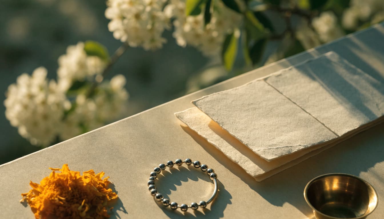 A silver anklet, marigold petals, brass bowl, and blank cards in a sunny courtyard.