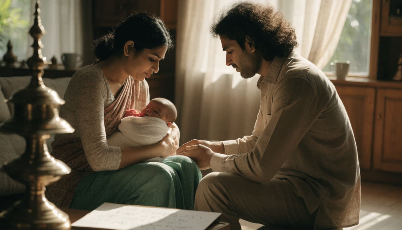 Two Indian adults hold their baby beside a turned-away name card and brass lamp.