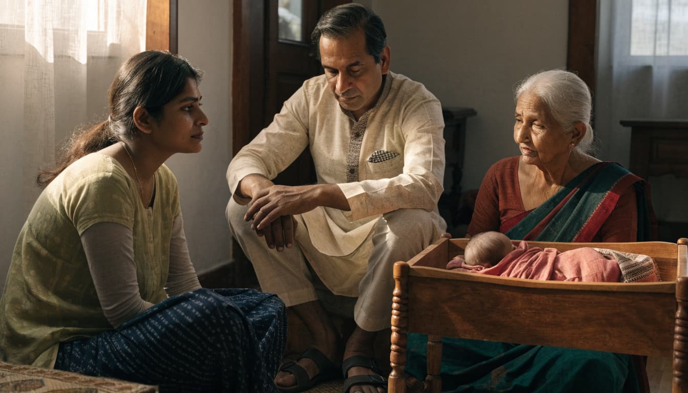 Two parents and a grandparent sit near a newborn resting in a cradle.