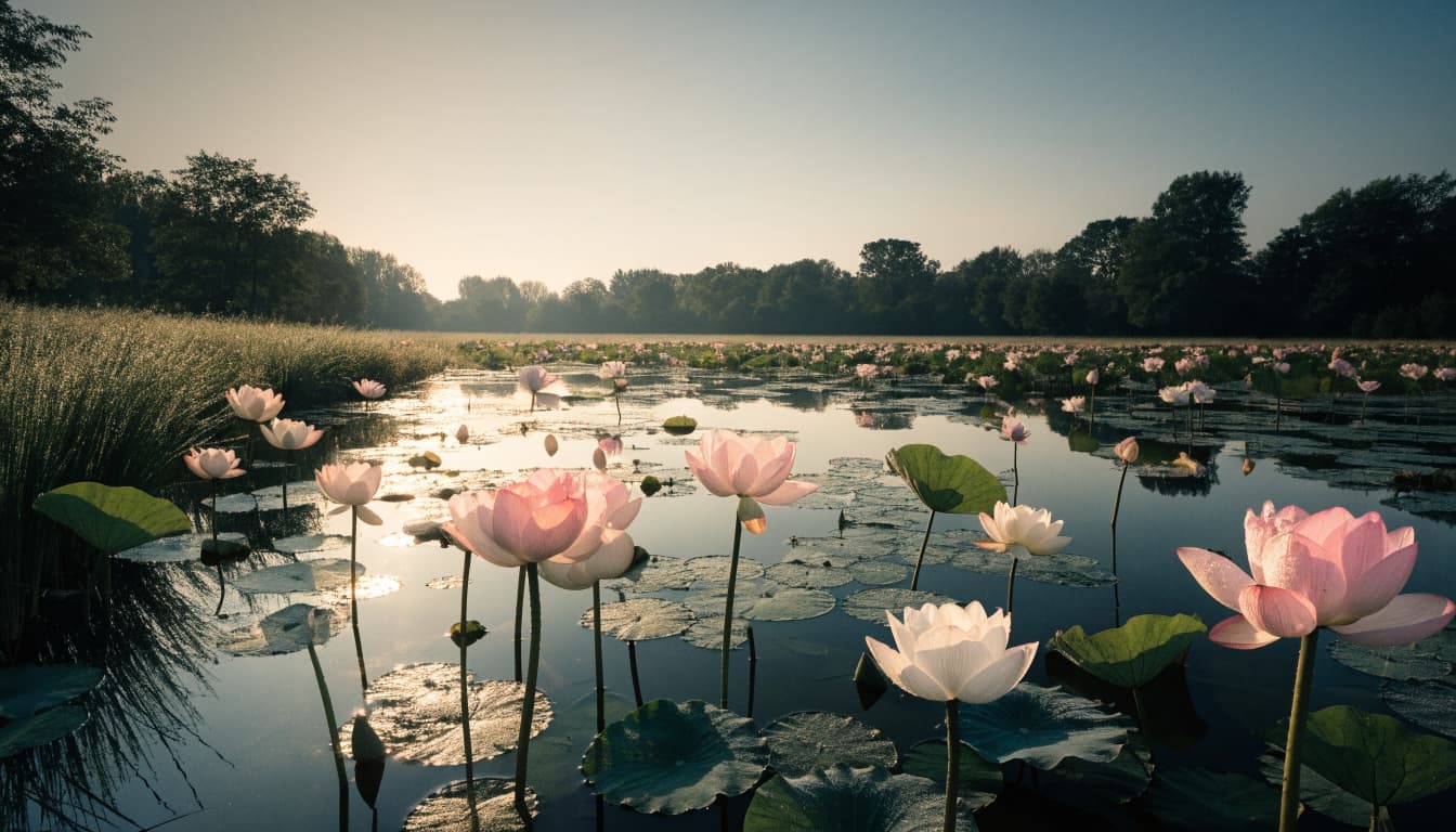 Pink and white lotus flowers with dew float on a pond at sunrise.