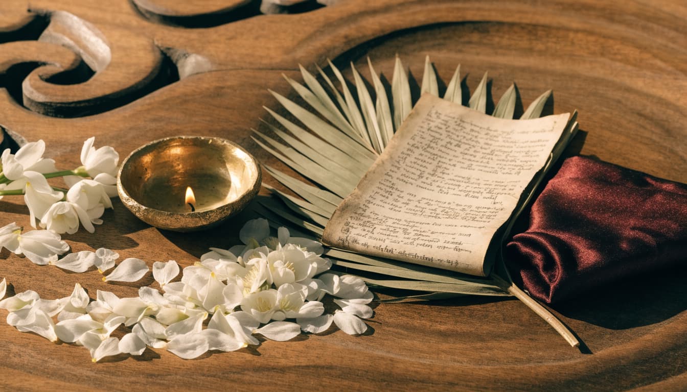 A brass diya, jasmine, manuscript, and folded silk arranged on carved wood.