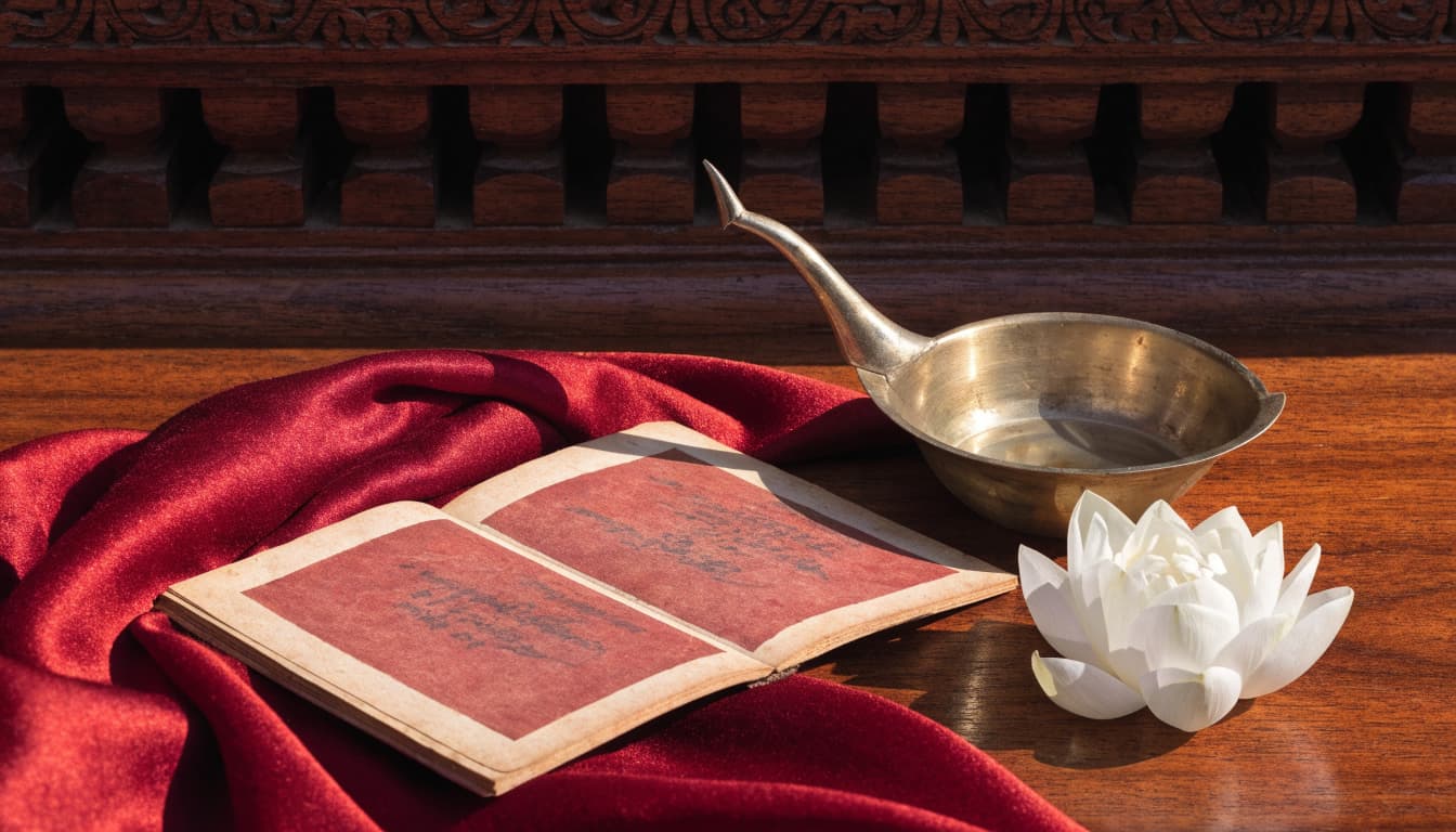 A white lotus, brass diya, and palm-leaf manuscript arranged on carved teak with crimson silk.