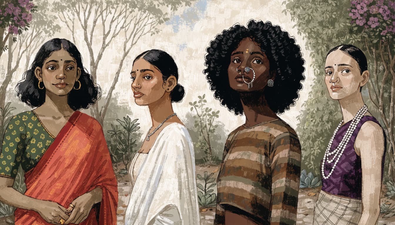 Four women stand among flowering plants in a sunny courtyard.