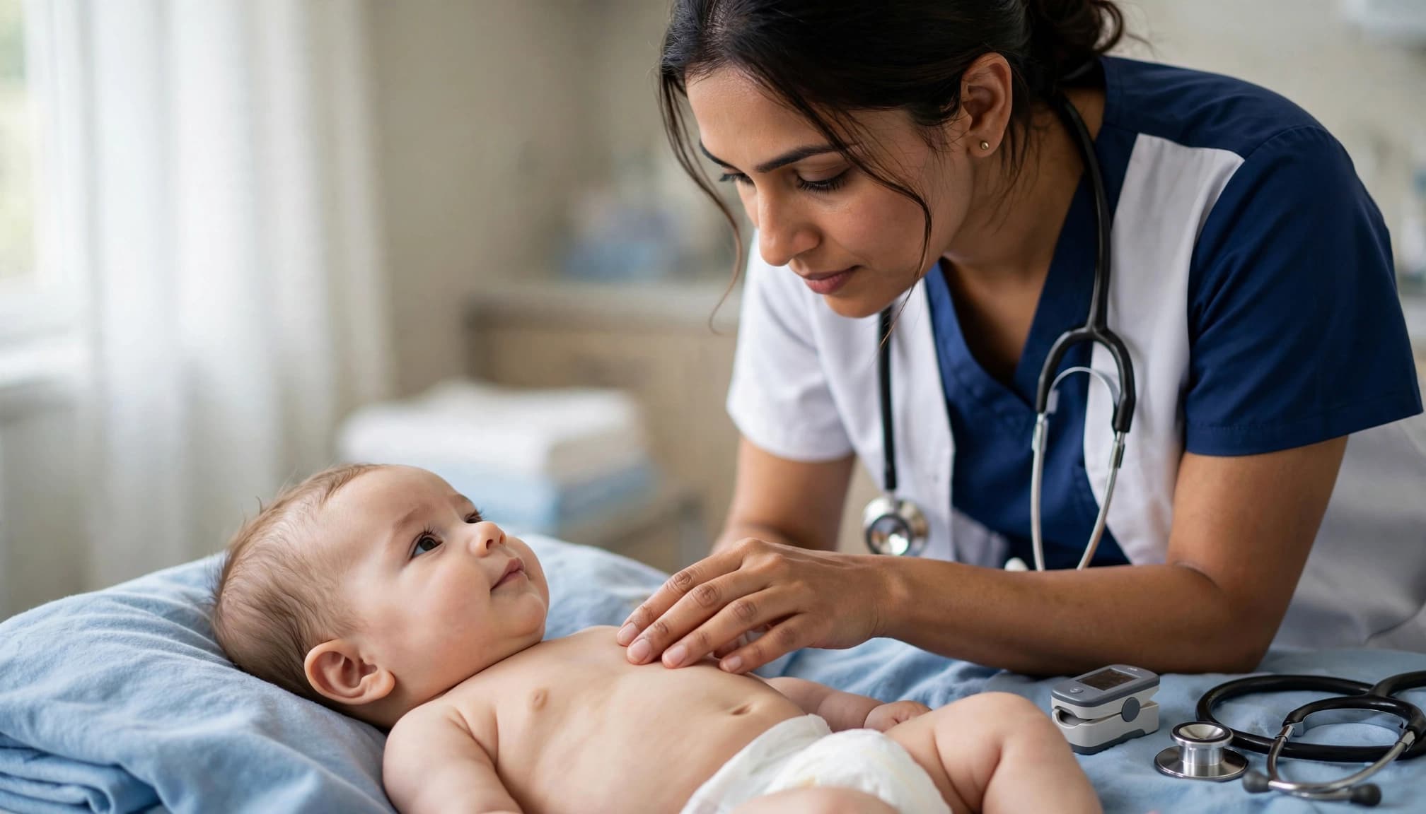 A clinician checks an infant's breathing with medical tools nearby.