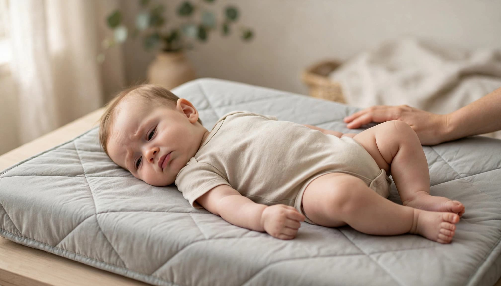 Calm infant lying on a changing mat with a caregiver's hand nearby.