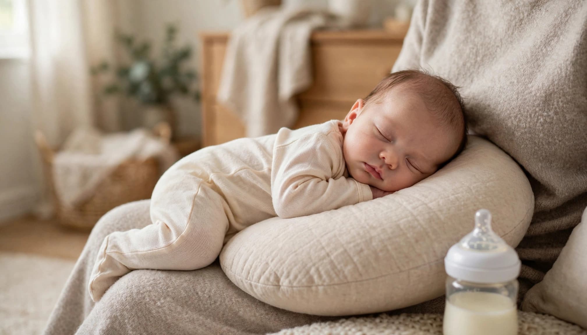Two-month-old infant resting on a caregiver's lap in a softly lit nursery.