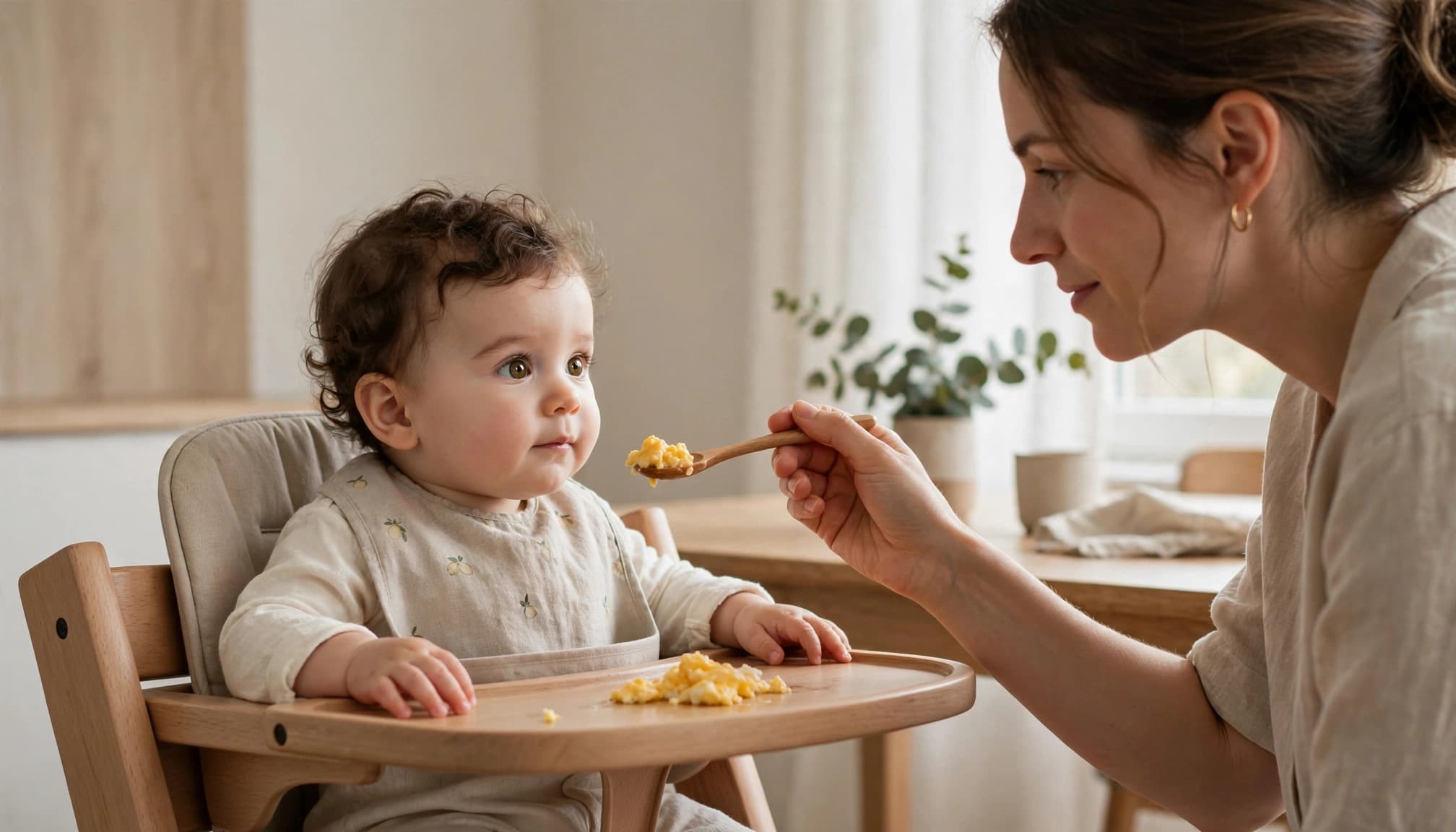A caregiver offers cooked egg to an infant seated in a high chair.