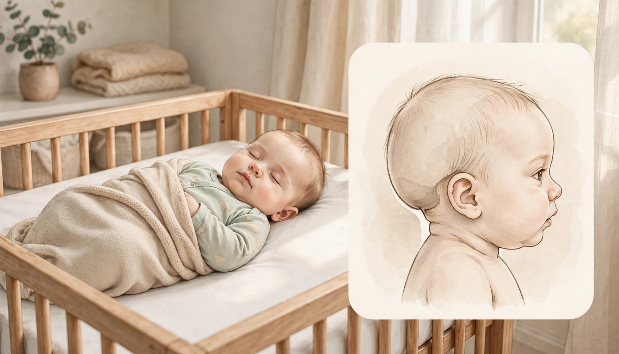 Baby resting on their back beside a gentle side view of head shape.