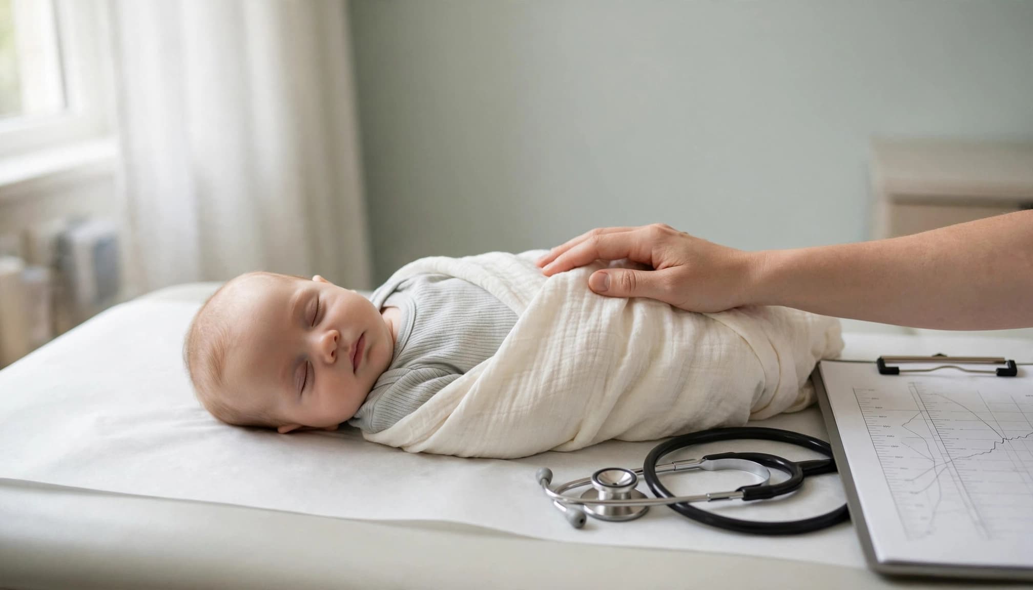 An infant rests safely as a caregiver supports the shoulder during a pediatric checkup.