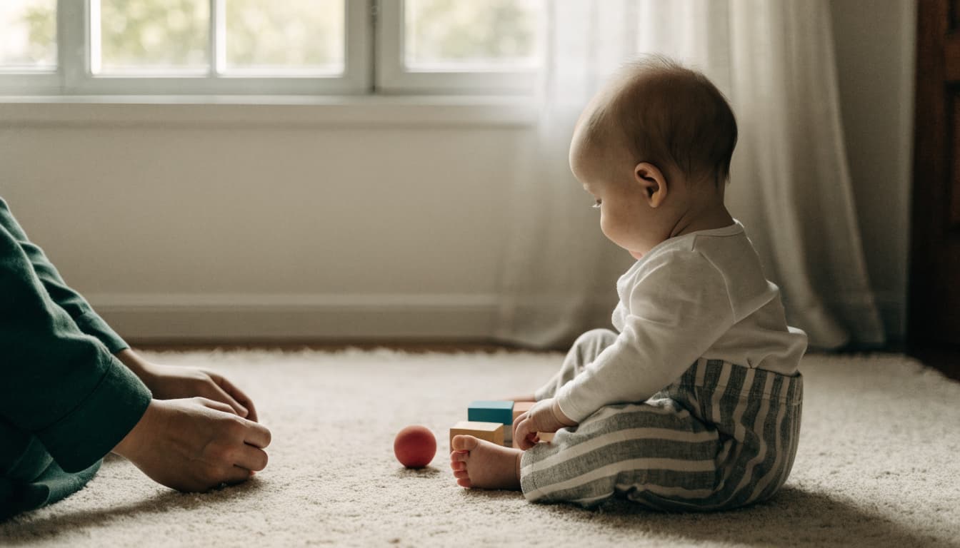 An infant sits on a rug near blocks and a caregiver's hands.
