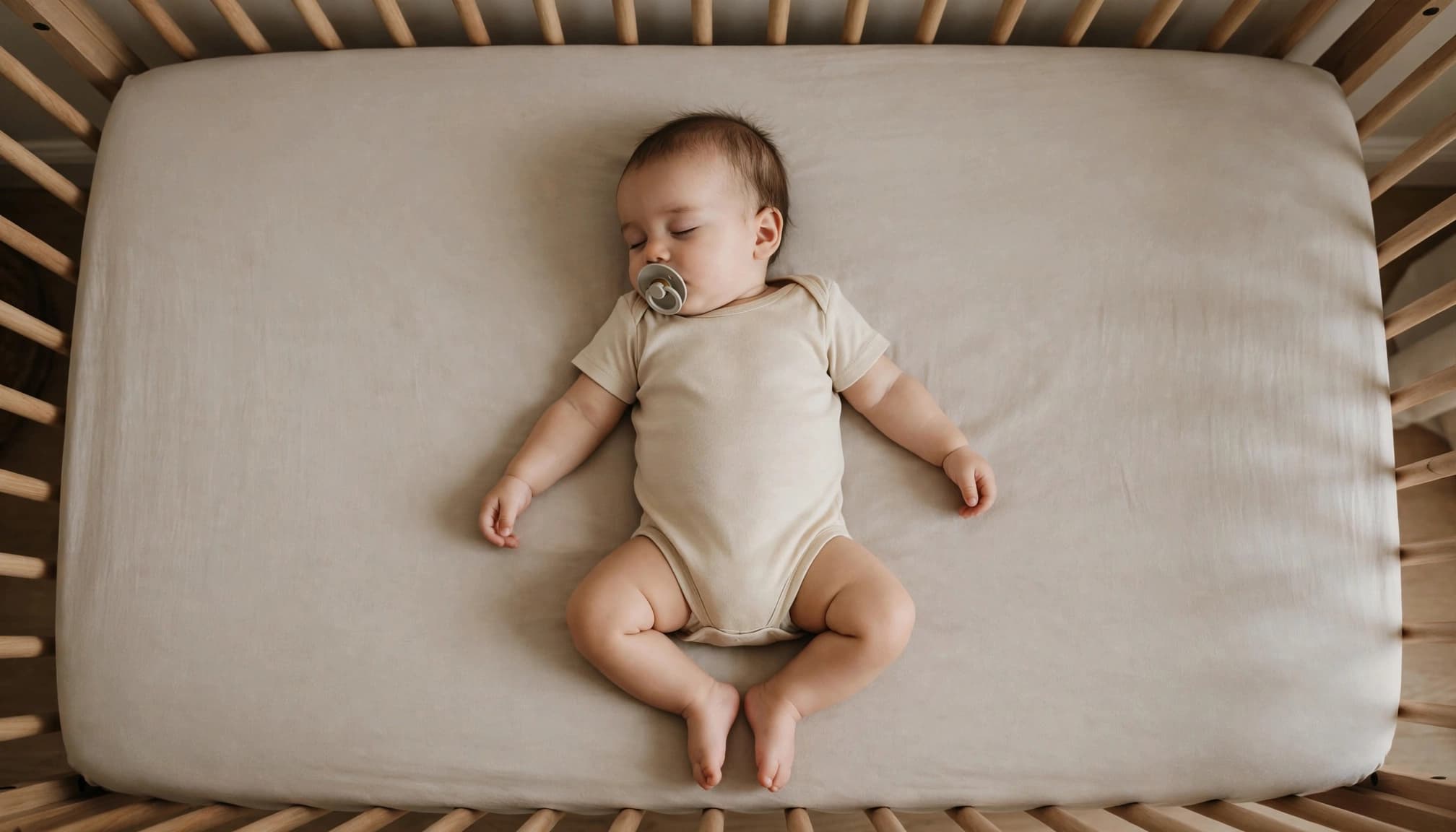 A calm infant resting safely in a bare crib with a nearby pacifier.