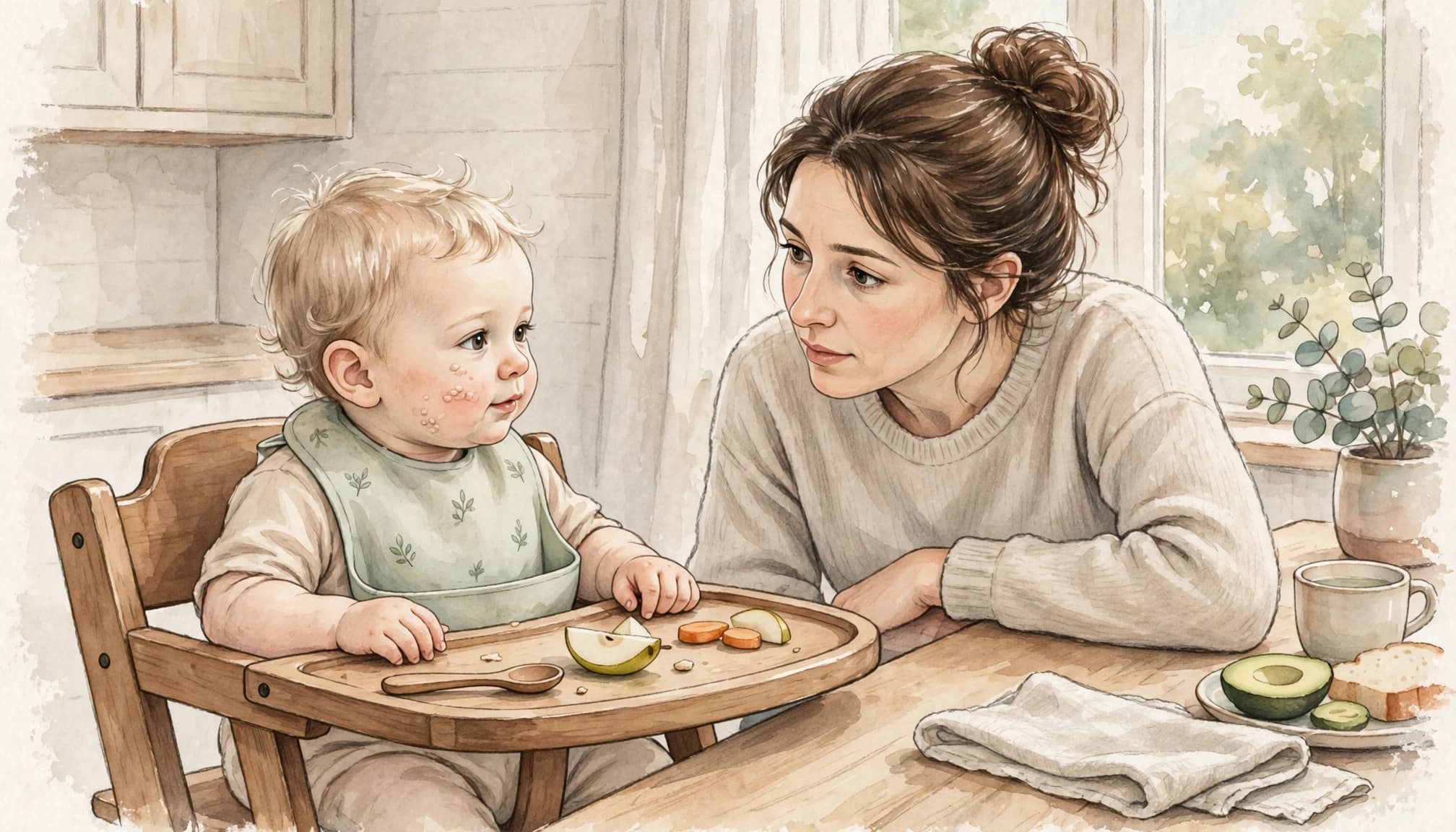 An infant in a high chair has faint spots on one cheek as an adult watches nearby.