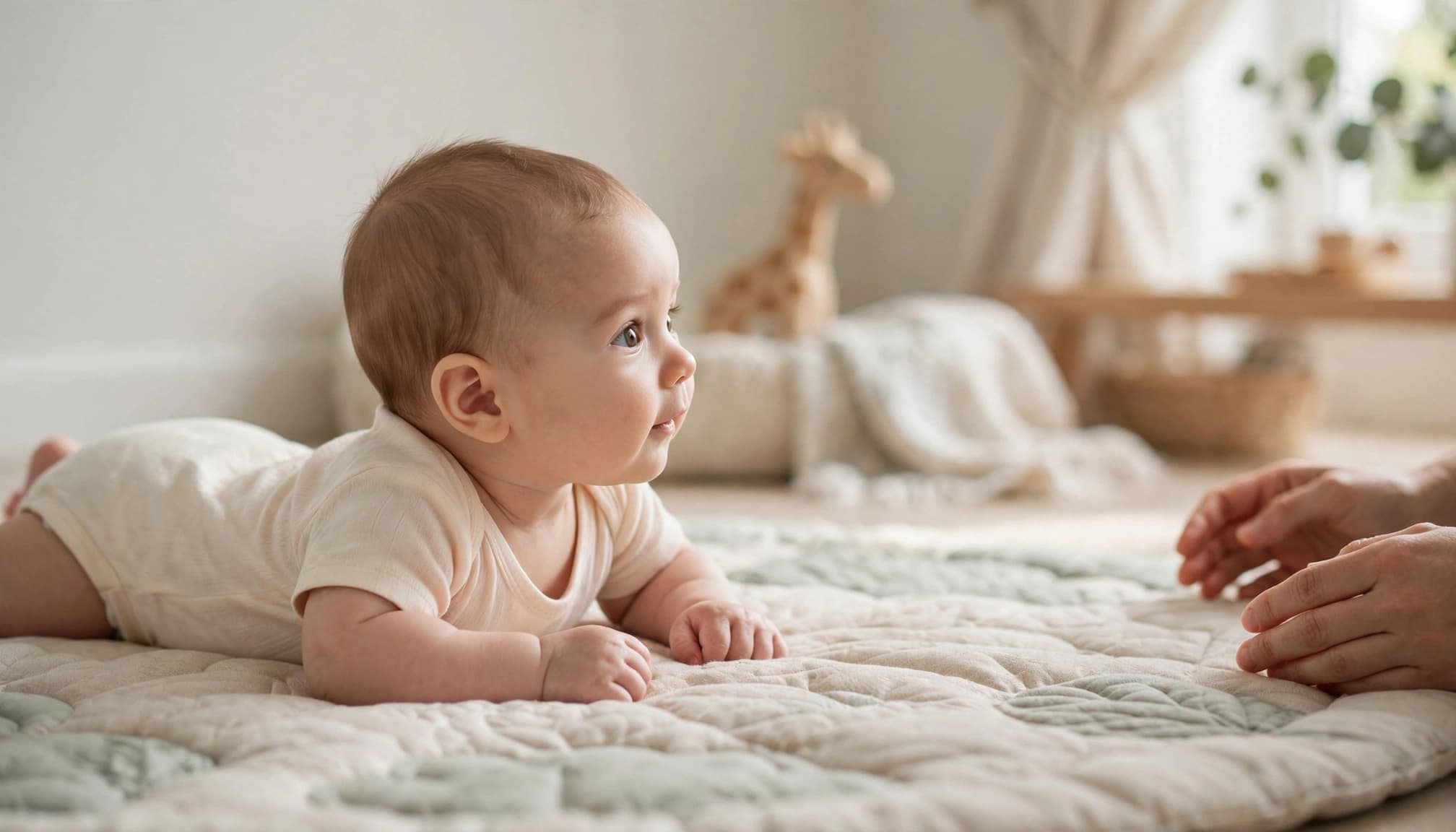 Infant turning on a soft play mat during supervised tummy time.