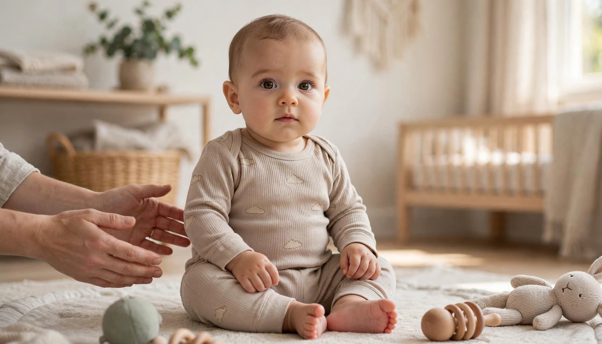 Infant sitting upright on a play mat with a caregiver's hands nearby.