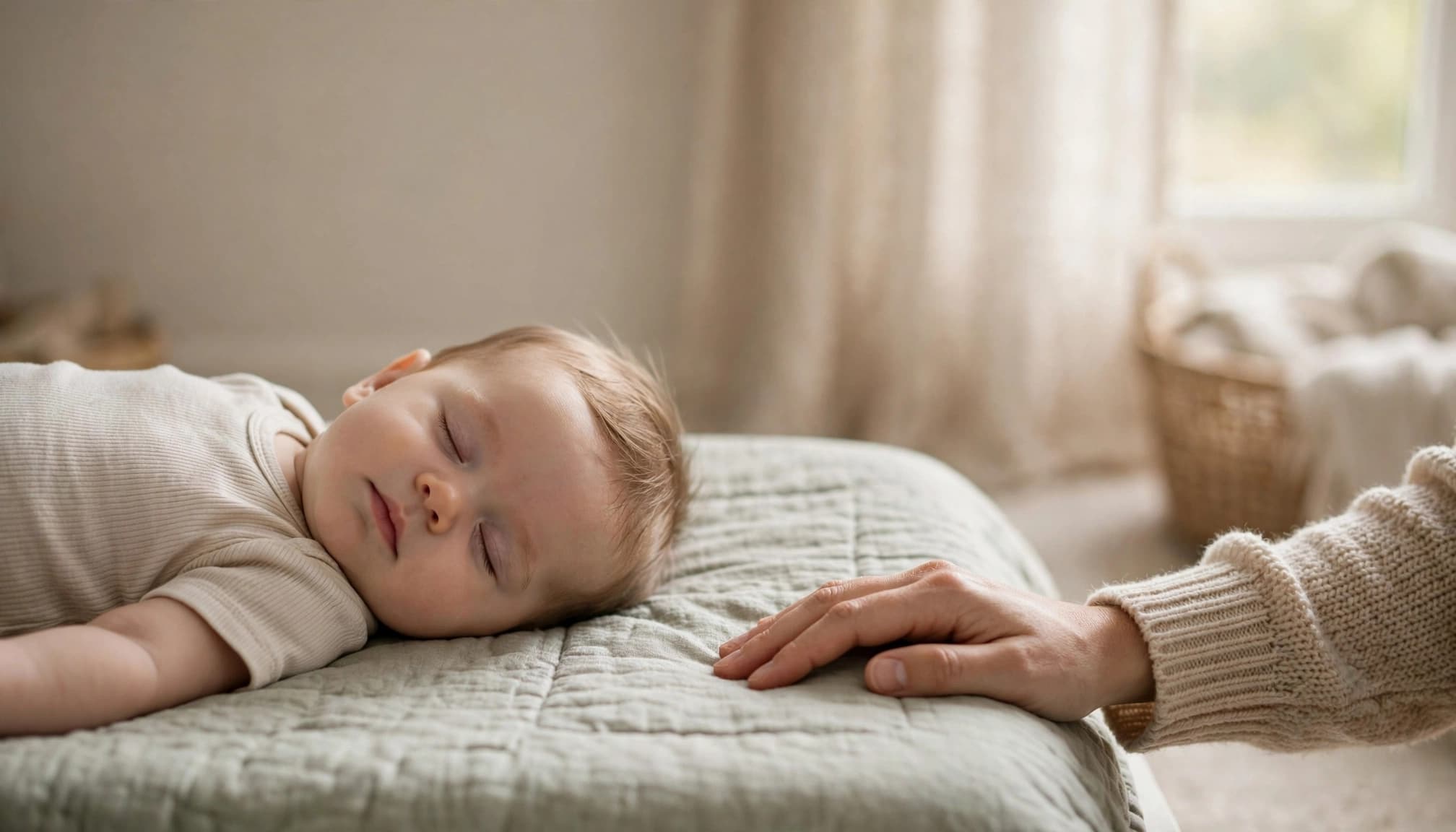 A calm baby rests on a changing mat with a caregiver's hand nearby.