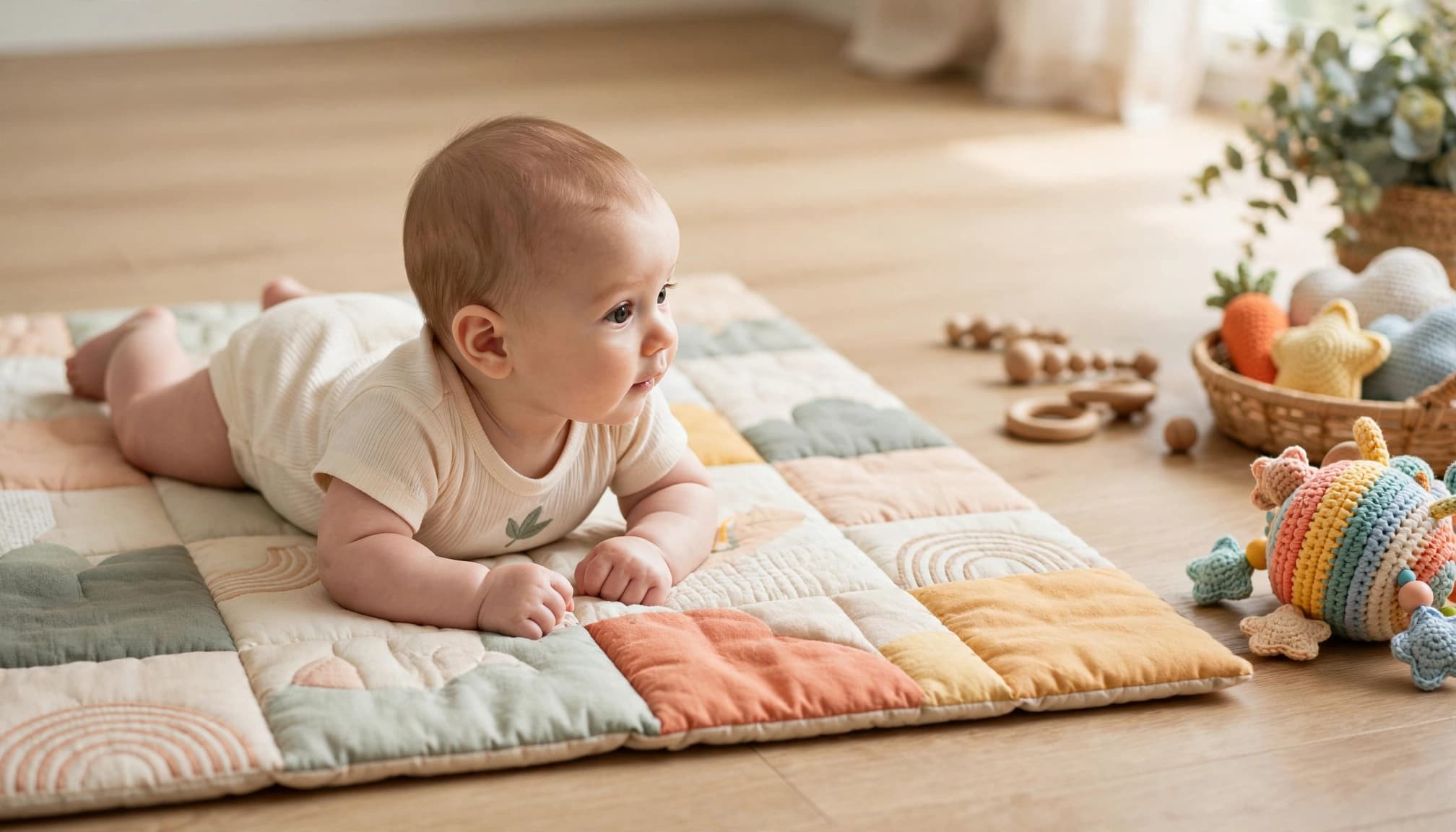 One baby on a play mat turns toward a colorful toy.