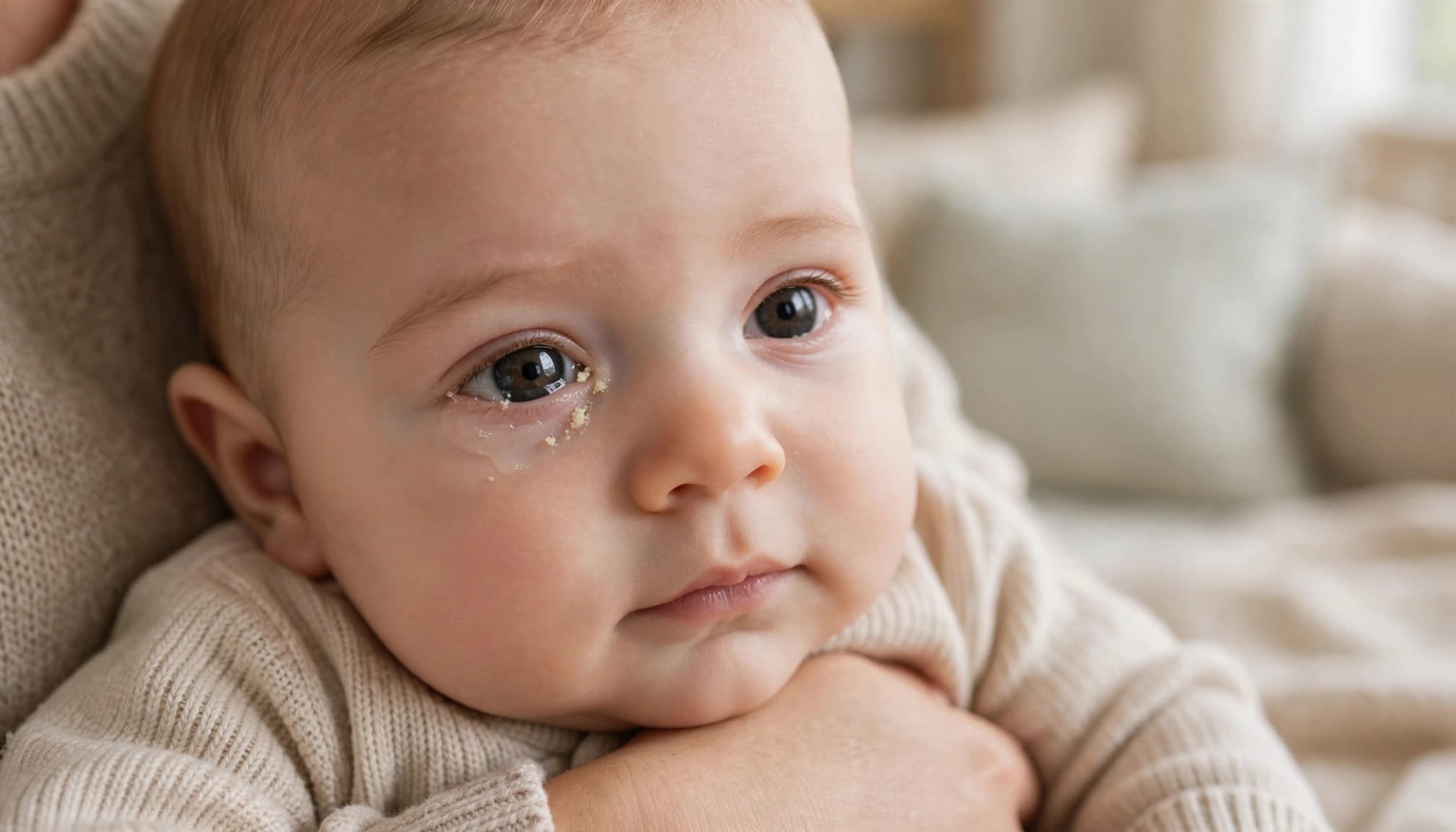 A calm infant with a watery, slightly crusted eye held by a caregiver.