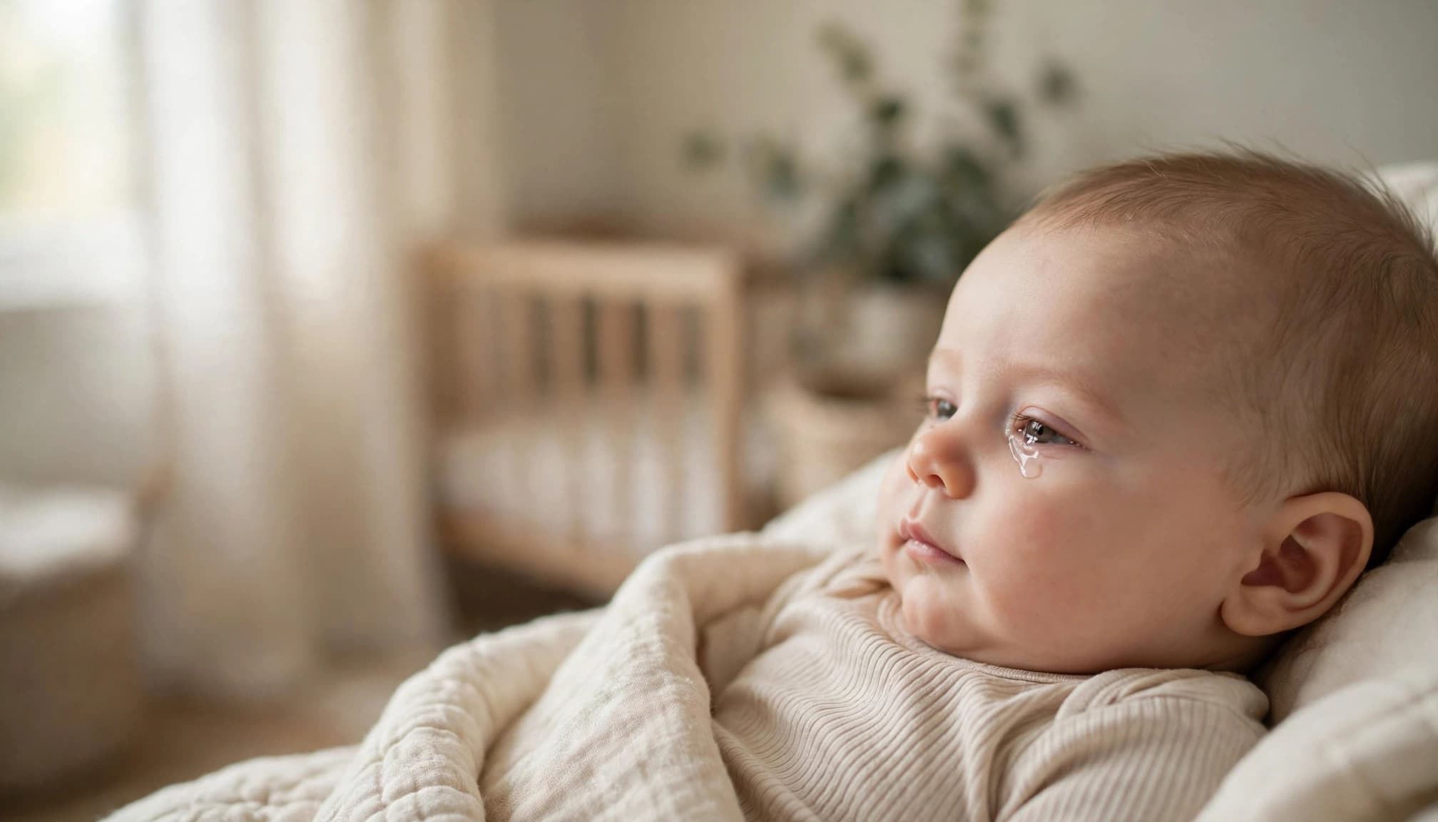 Calm infant with a mildly watery eye in a softly lit nursery.