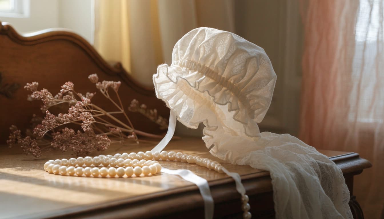 An ivory baby bonnet, dried flower sprig, and pale pearls arranged on an antique table.