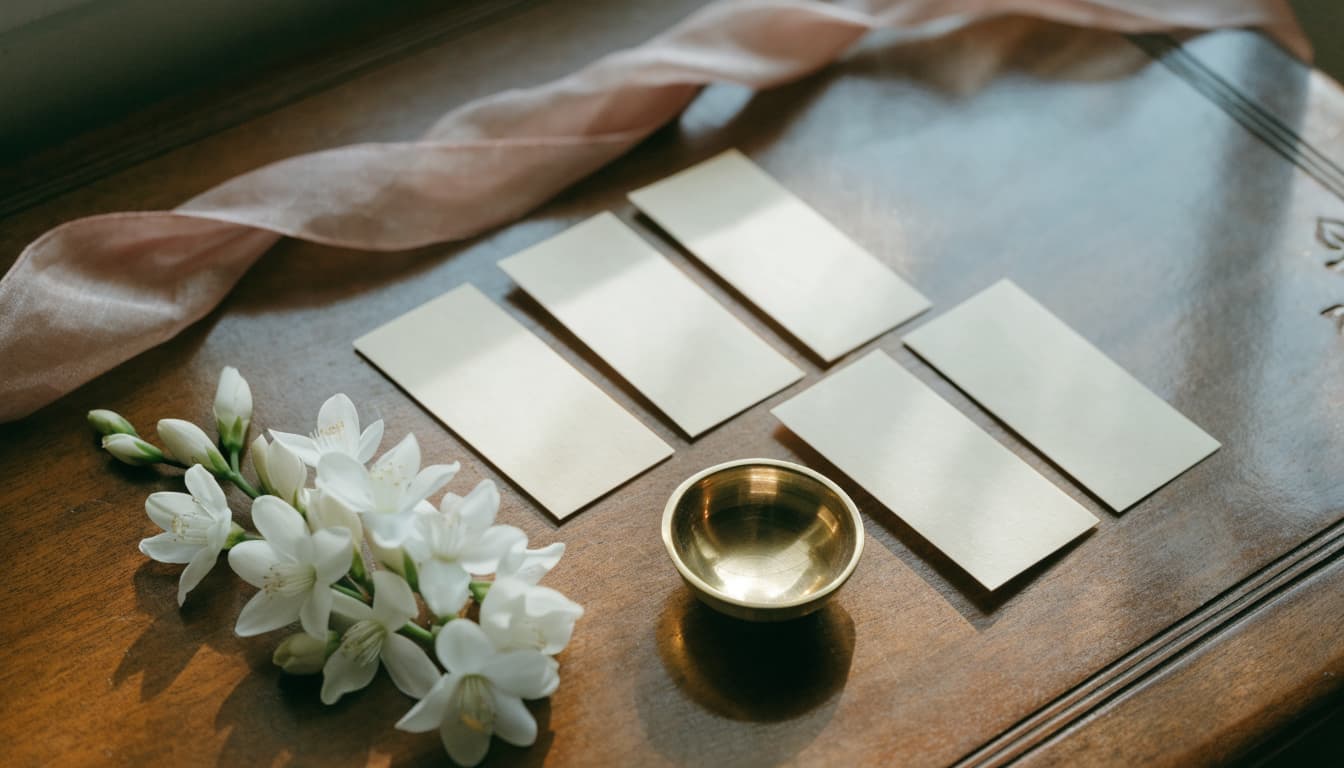Blank ivory cards, jasmine, a brass diya, and a rose ribbon arranged on a wooden table.