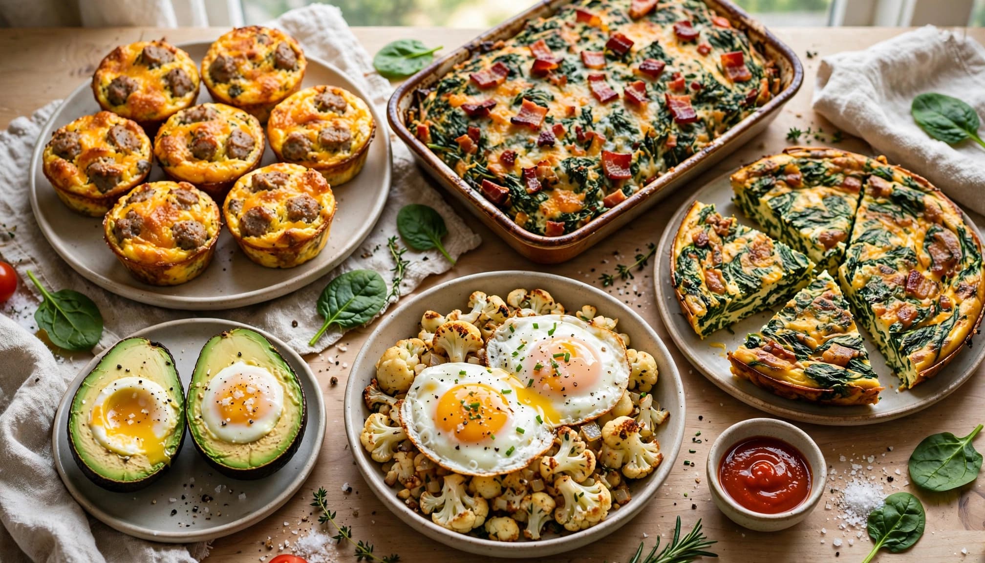 A table of savory egg breakfasts with muffins, casserole, frittata, avocado, and cauliflower hash.