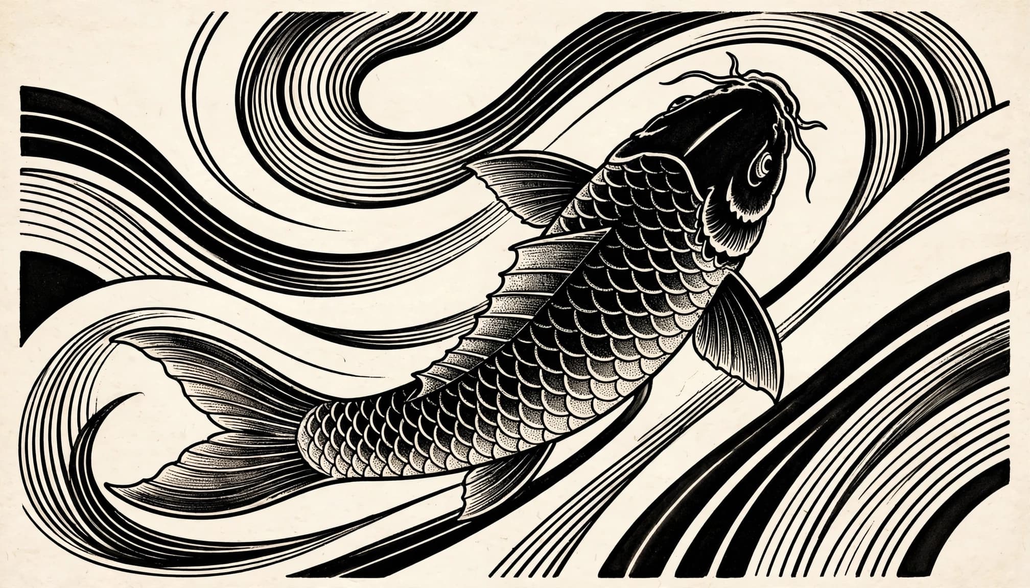 A black koi turns diagonally between sweeping wind bars on warm-white paper.
