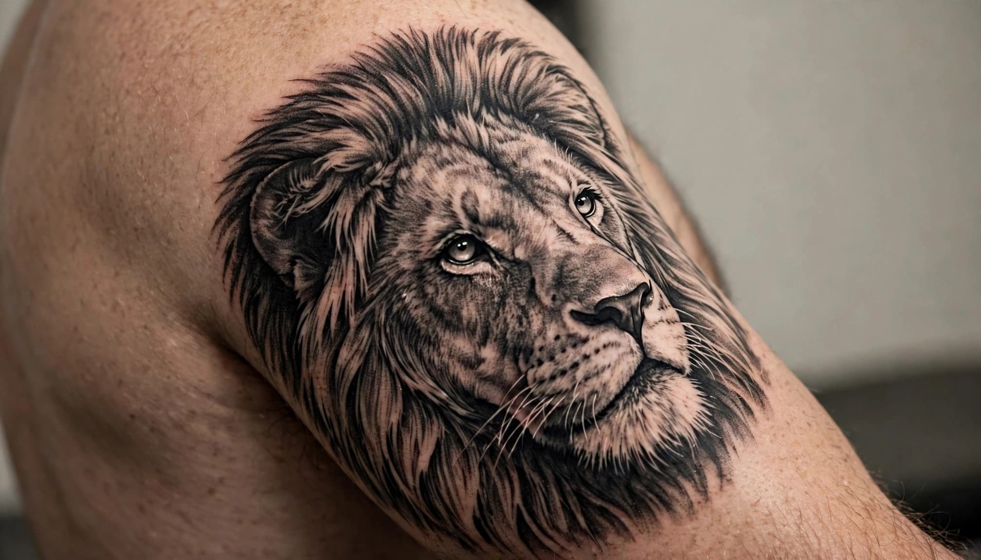 A realistic lion head tattoo fills a man's upper arm.