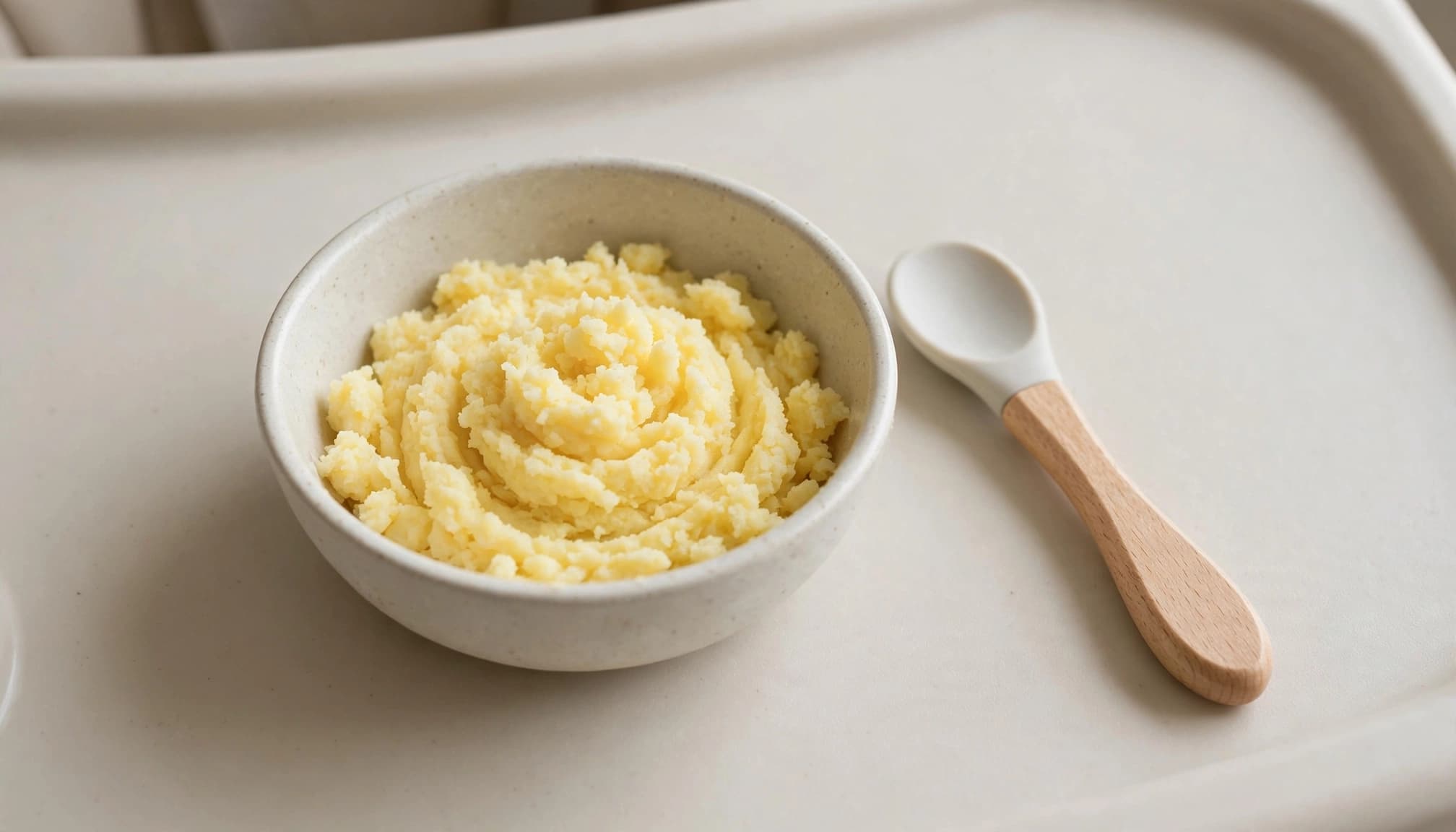 A bowl of finely mashed cooked egg beside a baby spoon on a highchair tray.