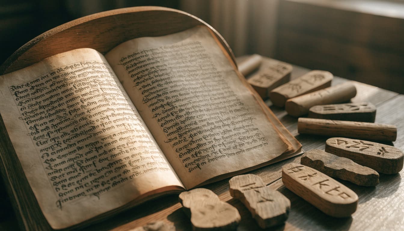 An open handwritten manuscript sits beside carved wooden name tokens in warm window light.