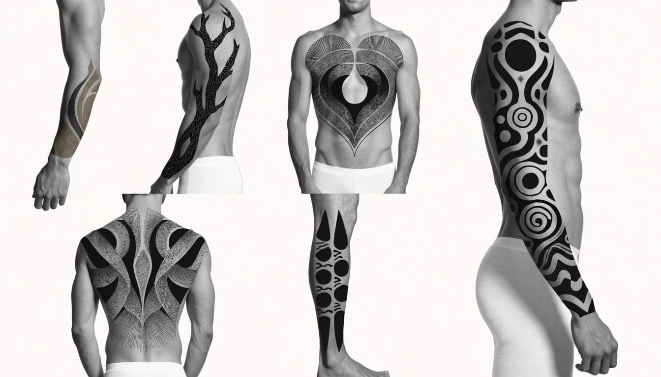 A standing man with abstract black tattoos on his arms, chest, back, and calf.