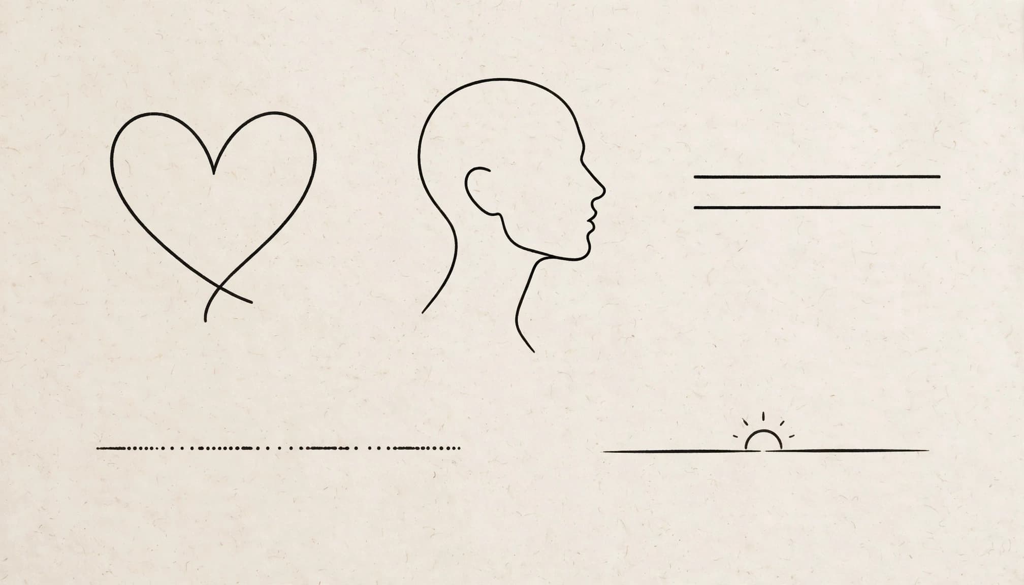 Five simple black line tattoo designs arranged on warm off-white paper.