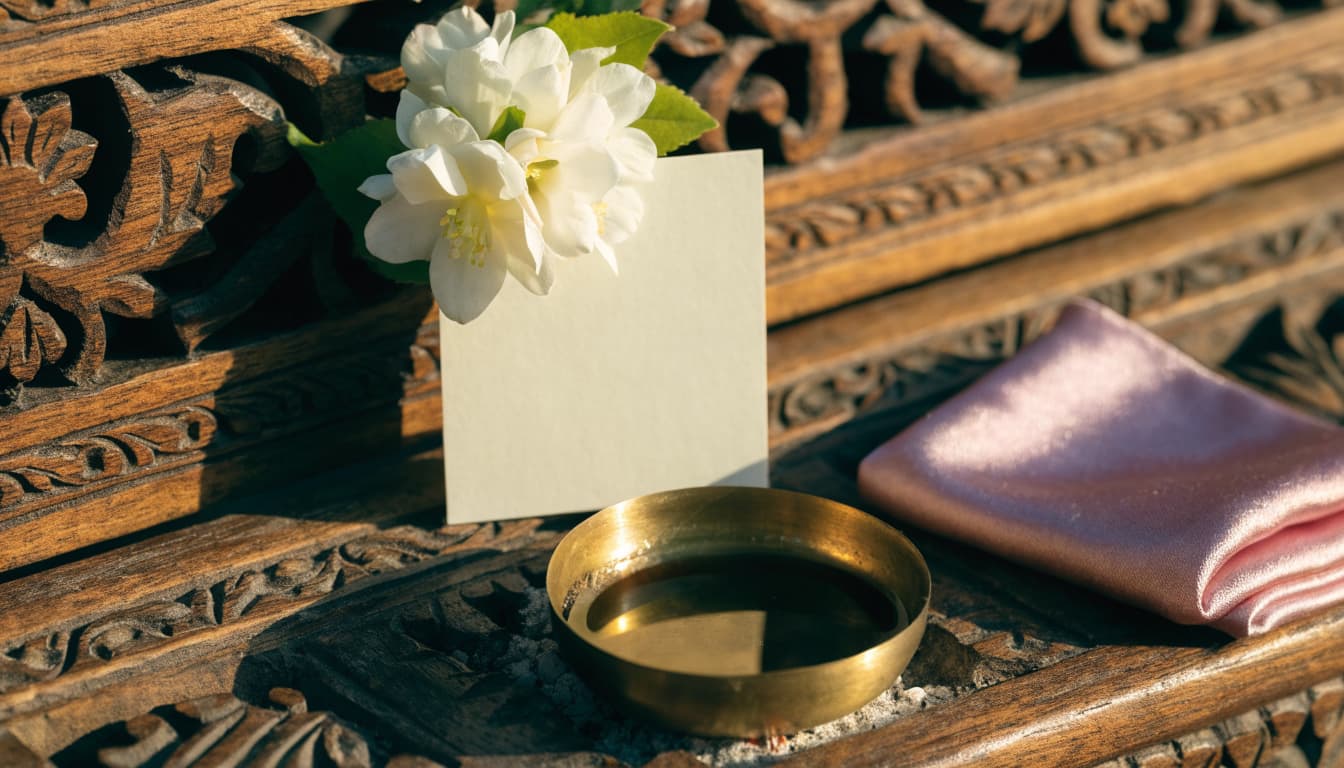 An ivory card, jasmine flowers, brass diya, and rose-pink silk arranged on carved wood.