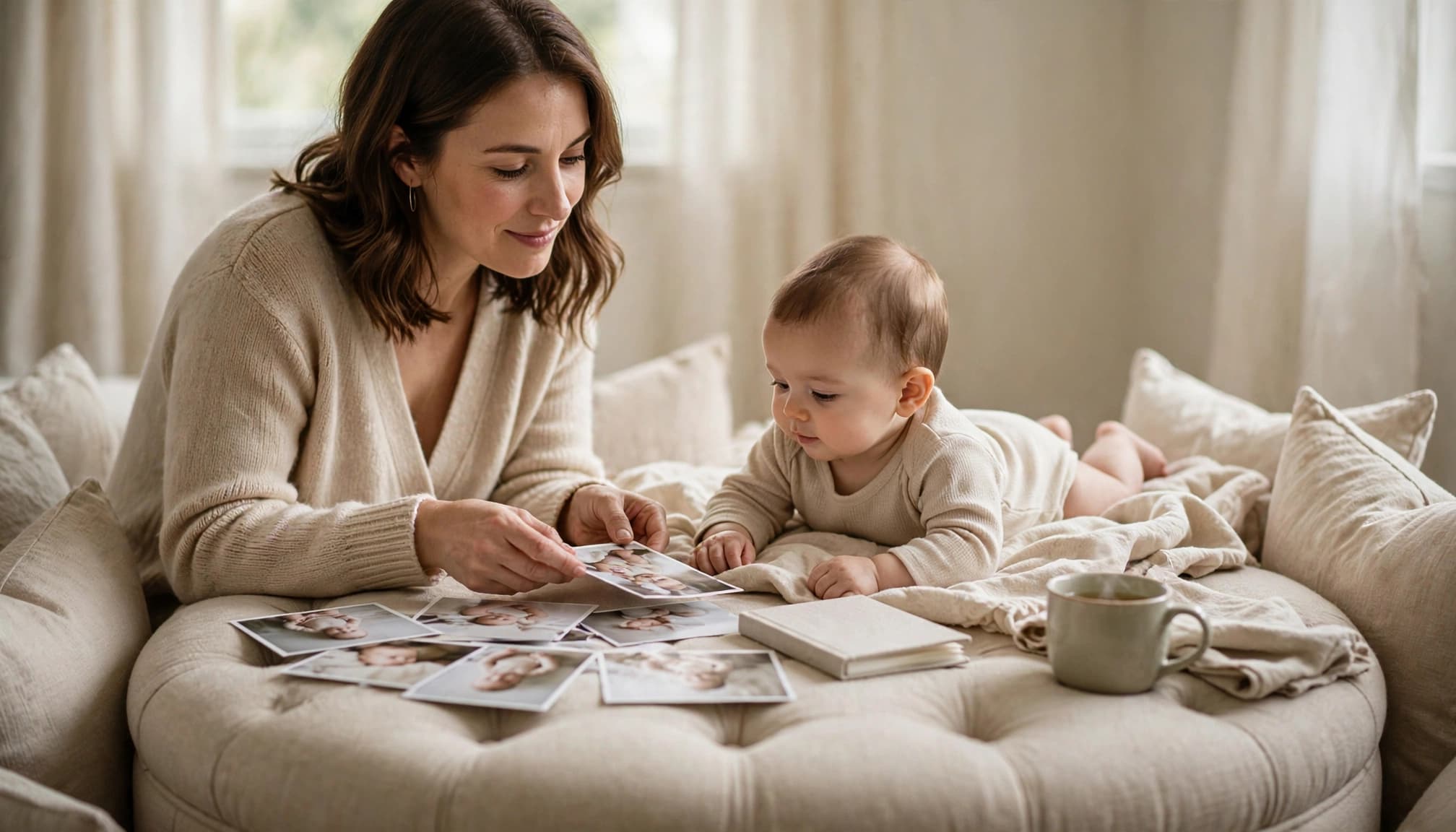 Mother arranges baby photos and a memory book beside her infant.