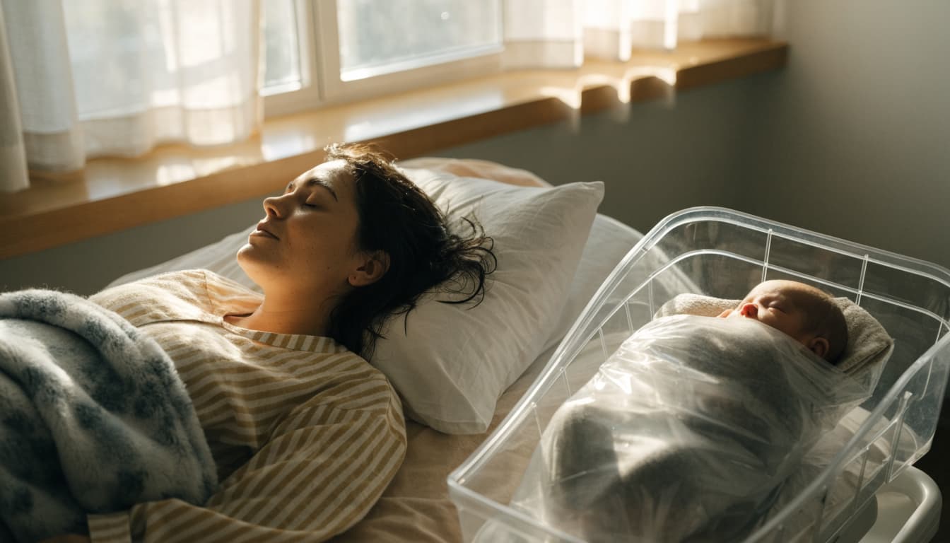 A resting mother looks toward her swaddled newborn in a bedside bassinet.