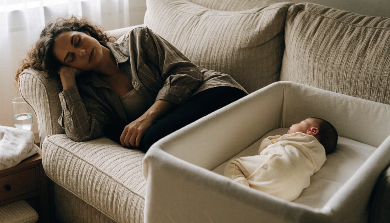 A mother rests on a sofa beside her sleeping newborn in a bassinet.