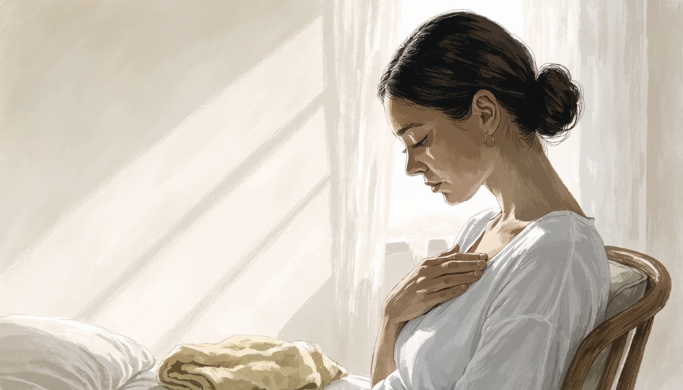 A seated mother rests her hand over her chest beside a folded blanket.
