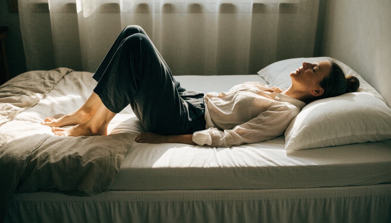 A woman rests on her back with bent knees on a softly lit bed.