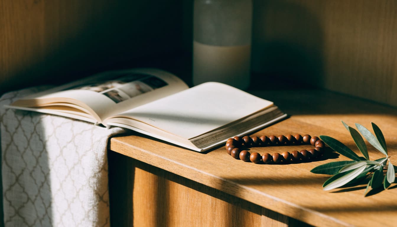 An open keepsake book, prayer beads, and olive leaves sit on a sunny shelf.