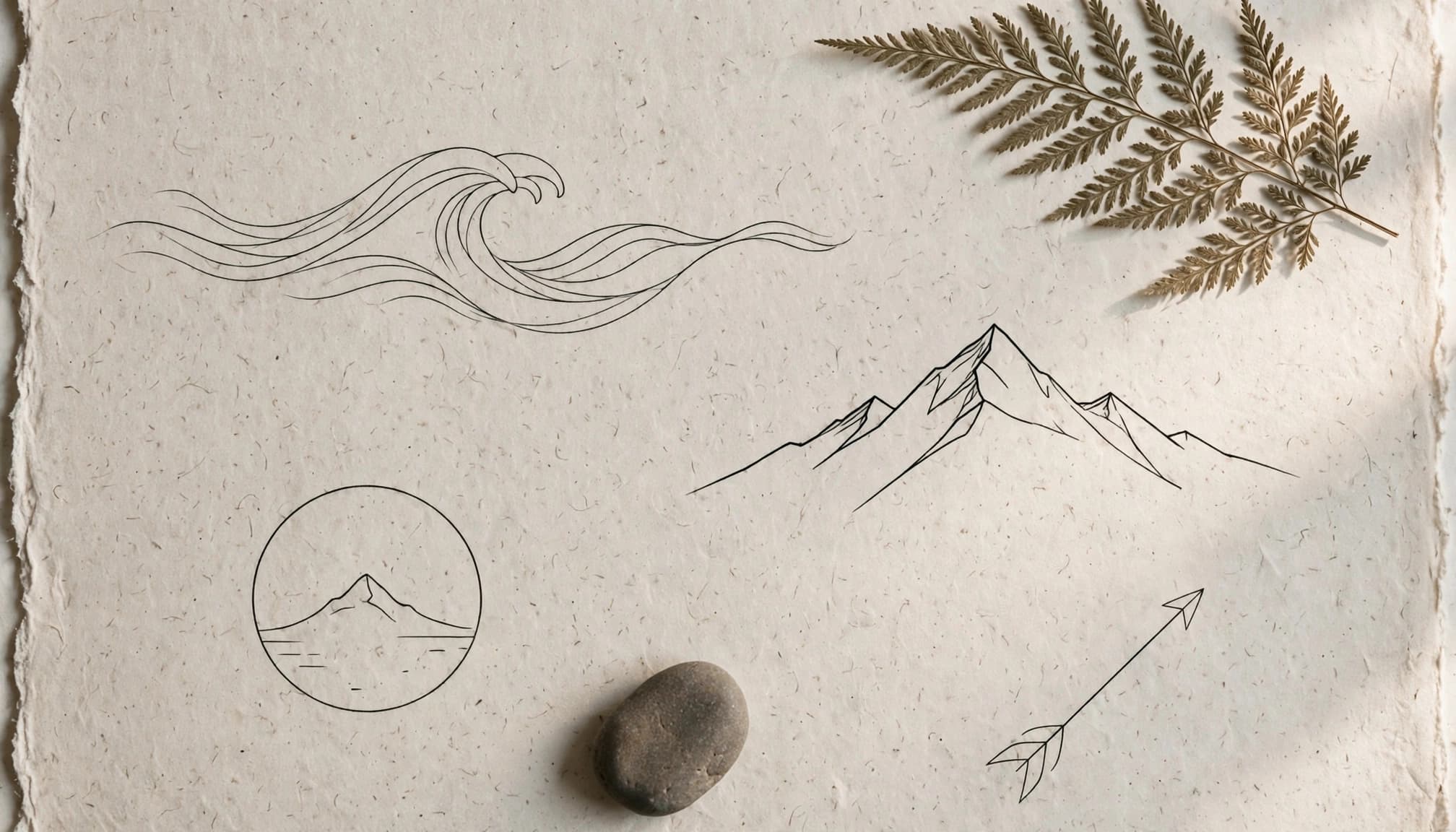 Four fine black nature-inspired symbols sit on pale paper beside a stone and fern.