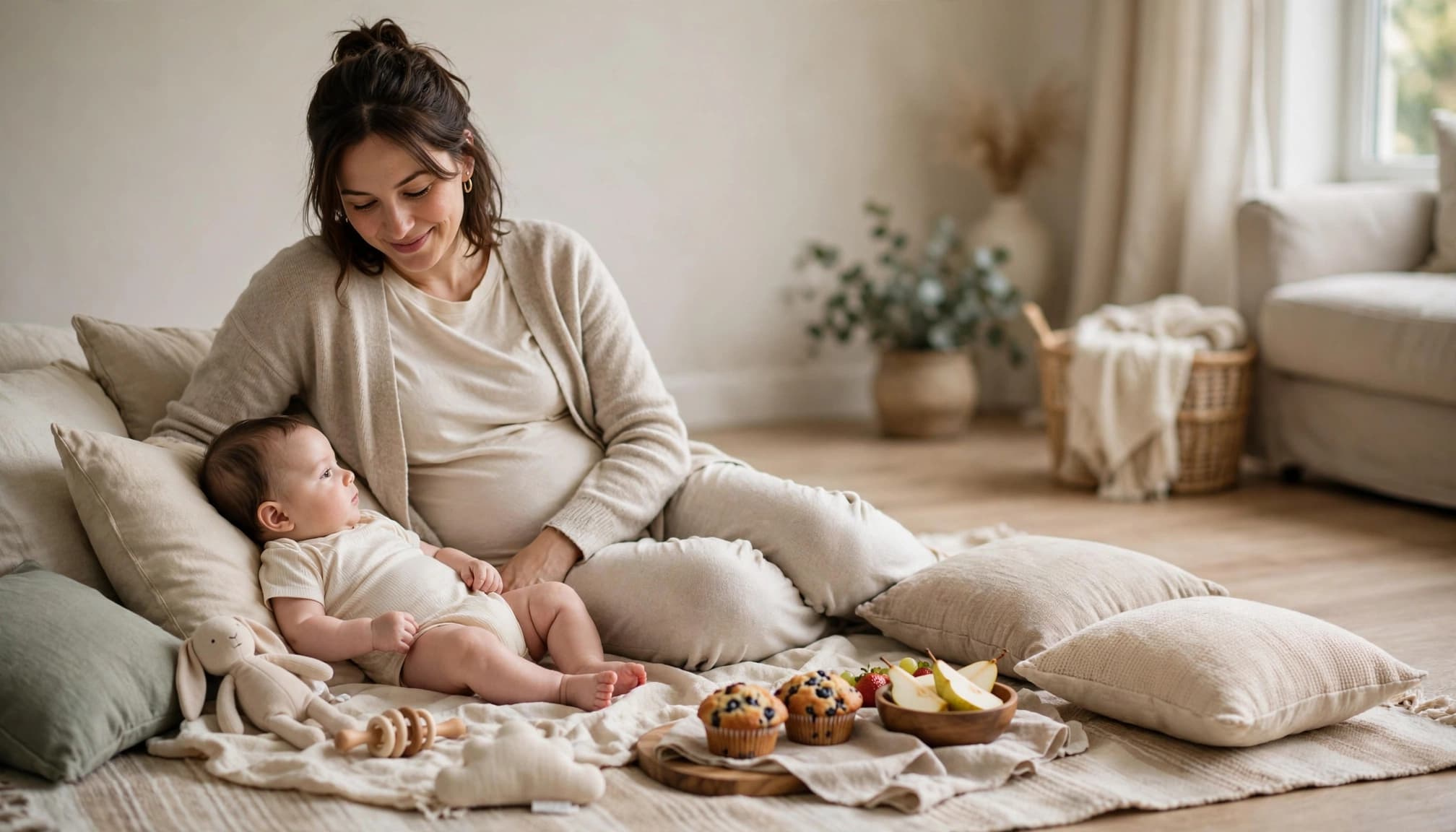 A mother relaxes beside her baby on a blanket with pillows and snacks.