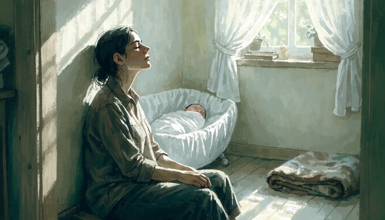 A mother sits by a sunny nursery window while her newborn sleeps in a bassinet behind her.
