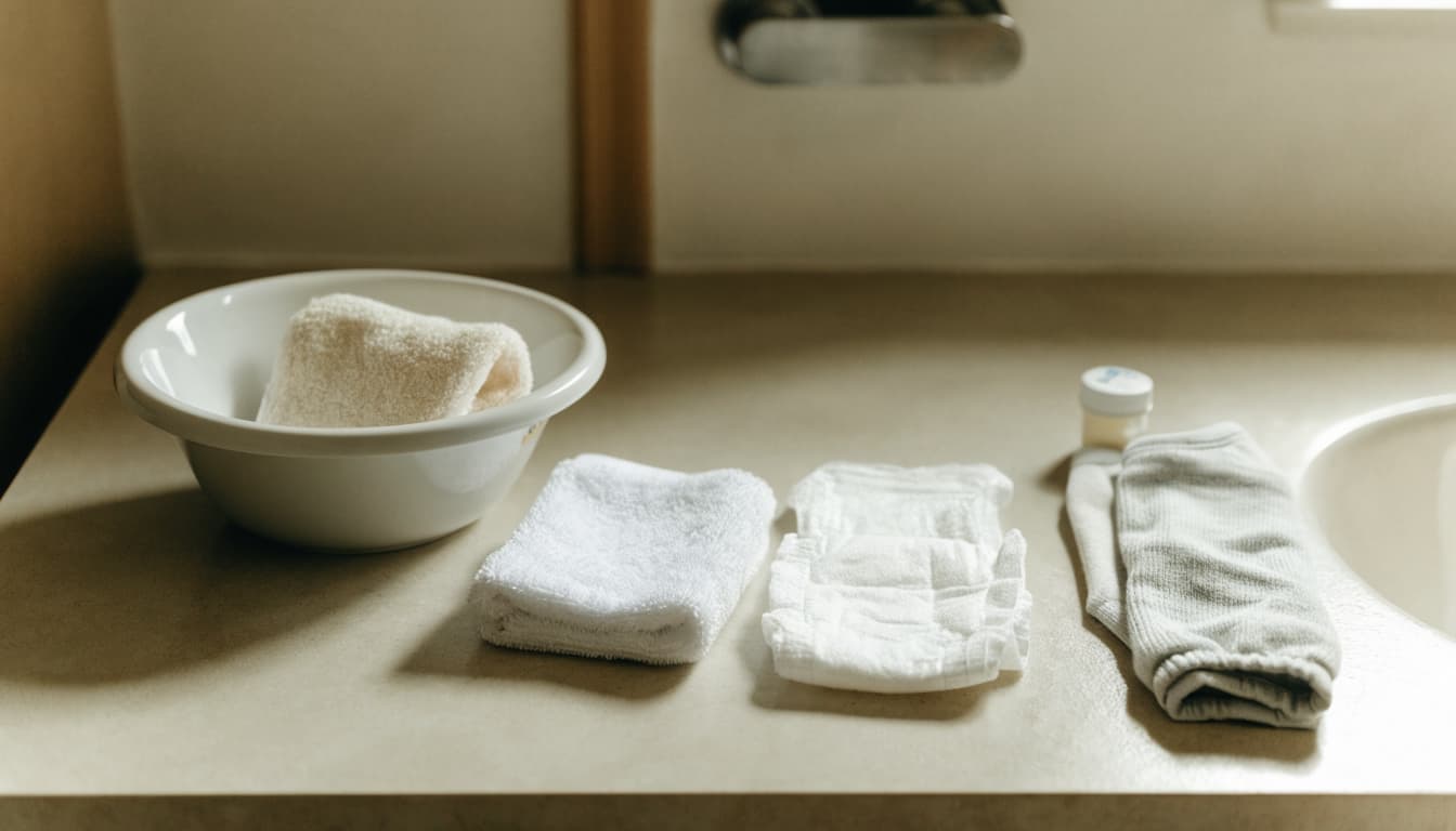 A newborn rests beside a tub with a towel, washcloth, diaper, and baby clothes nearby.