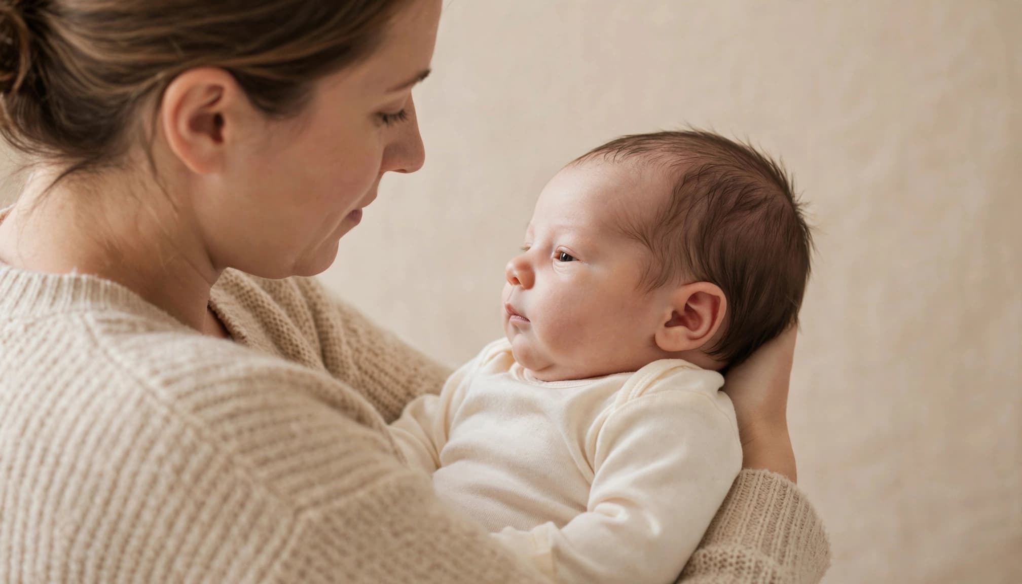 Newborn resting in a caregiver's arms with the face and upper chest visible.