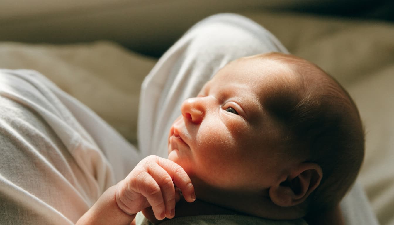 A calm newborn rests on a caregiver's lap with one hand curled.