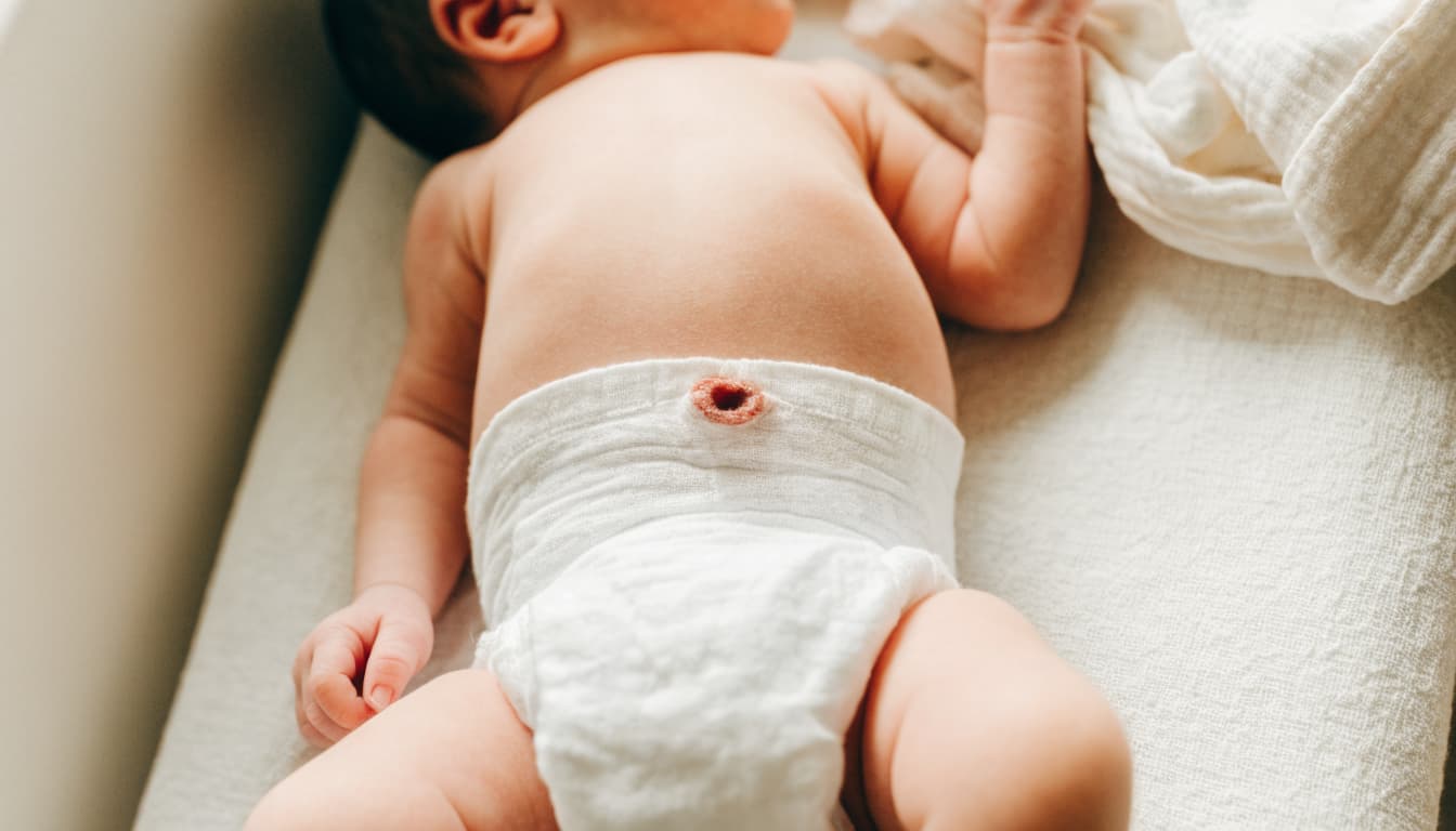 A newborn on a changing mat with the diaper folded below the dry cord stump.