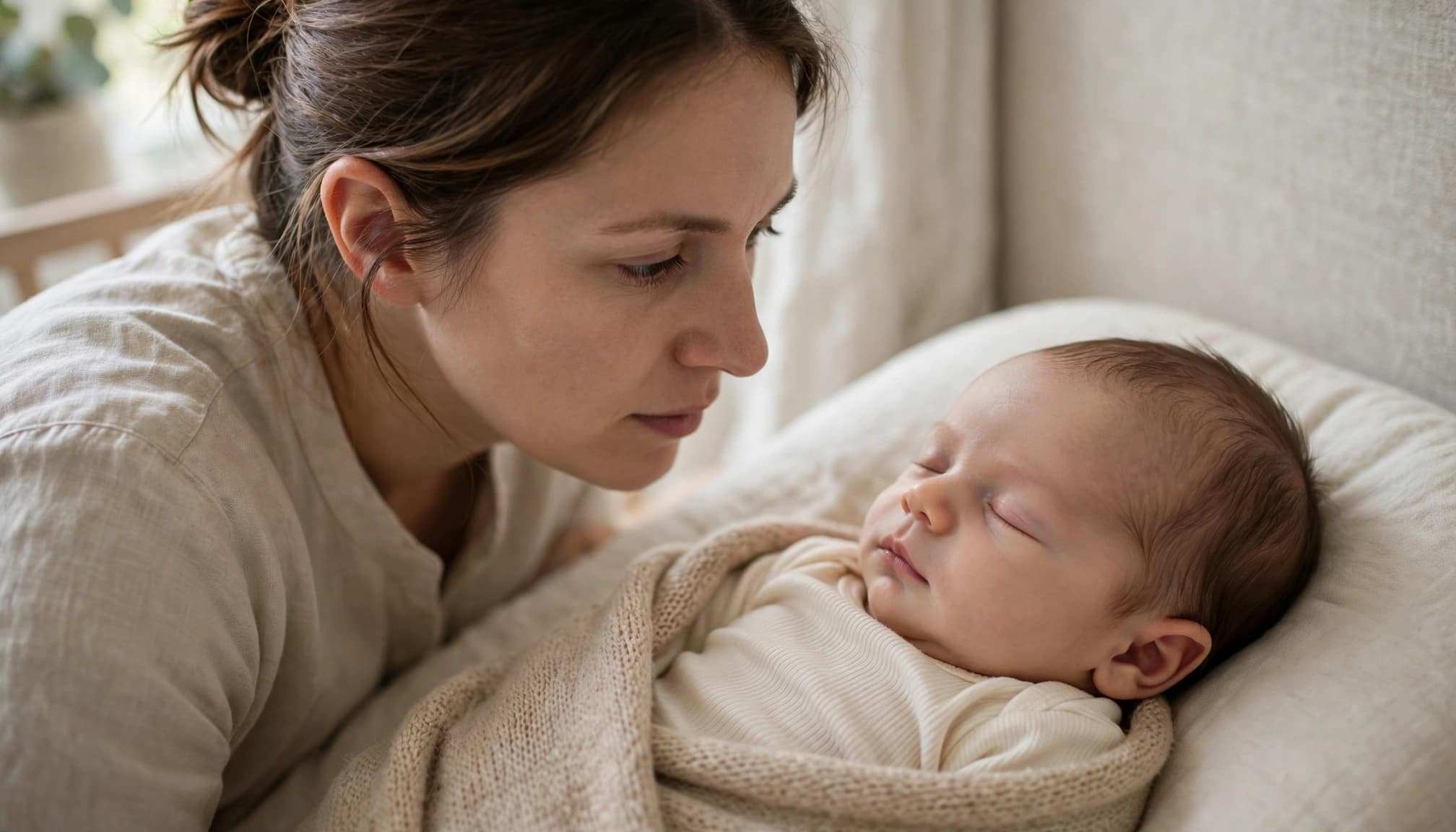 A parent watches a newborn's eye in a softly lit nursery.