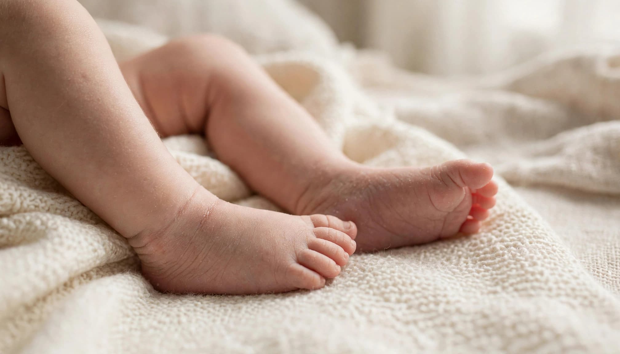 Newborn feet with mild natural peeling resting on a cream blanket.