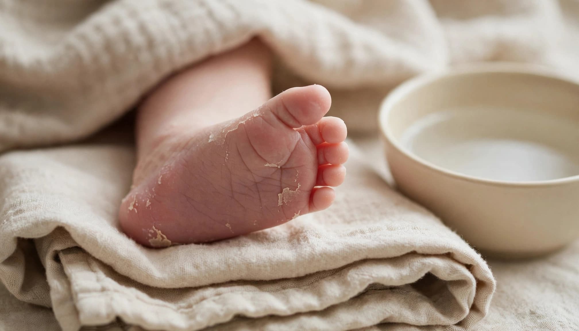A newborn foot beside a folded towel and bowl of water.