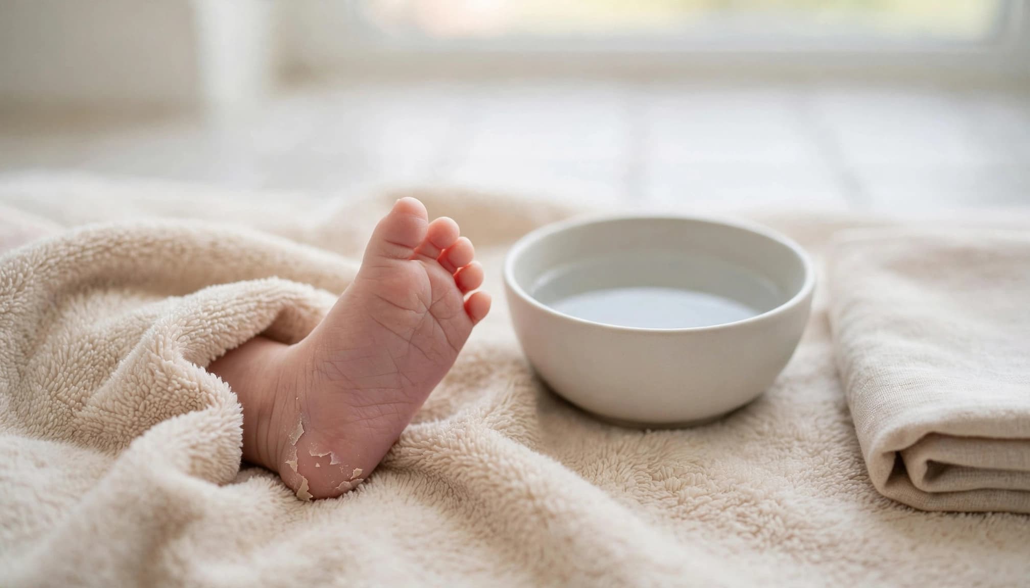 A newborn foot rests beside lukewarm water, a towel, and a folded cloth.