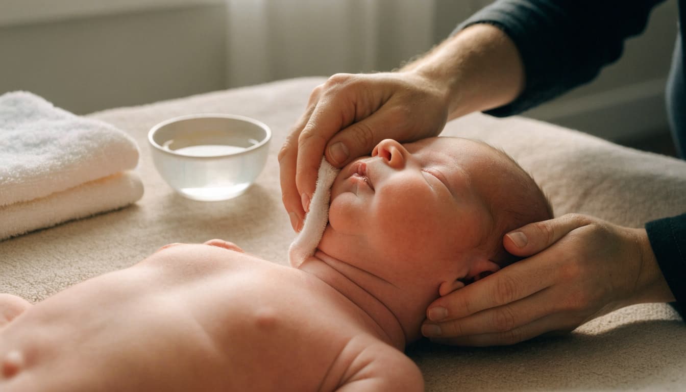 A caregiver gently wipes a newborn's neck while the baby rests on a changing mat.